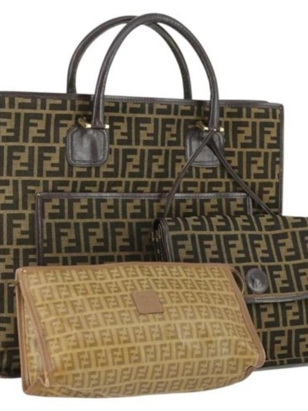FENDI Zucca Canvas Zucchino Canvas Bag PVC 3 Set Black Brown Auth fm5063